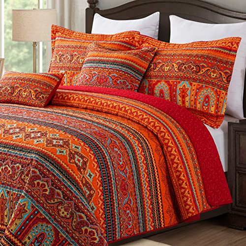 BEDIFANY Cotton King Size Quilt Set - Boho Lightweight King Bedspread - Colorful Orange Reversible Coverlets Quilt Bedding Sets - Oversized King Quilt Set for Bed Decorations for All Seasons, 3 Pieces