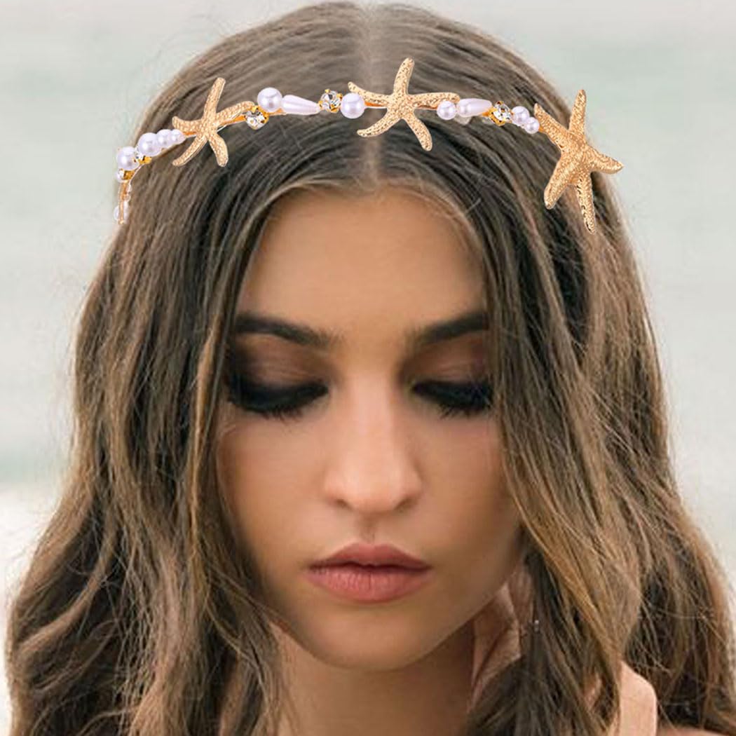 New beautiful Gold Starfish Pearl Headband Bridal ✨✨? Amazon.com: Unicra Starfish Bride Wedding Hair Vine Pearl  main image 3