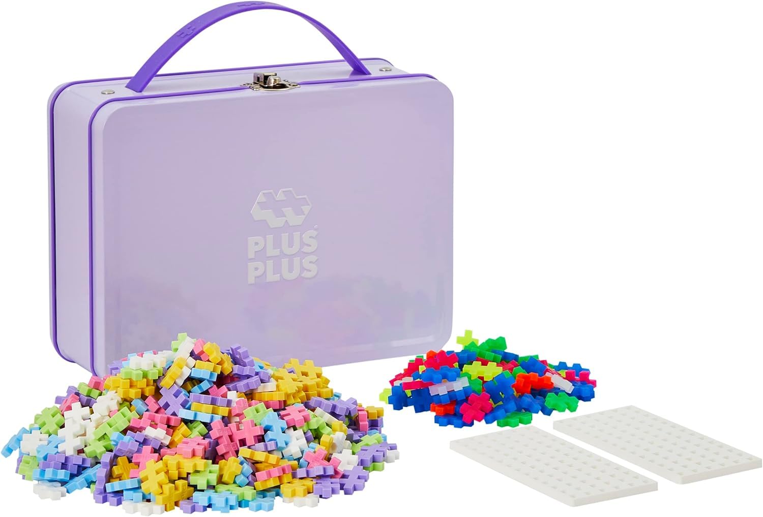 PLUS PLUS Building Blocks Toy and Storage Case - Includes 600 Pieces and 1 Baseplate - Kids Construction Toys, Creative Learning Resources, STEM Play for Home and Travel - Pastel Metal Case Set