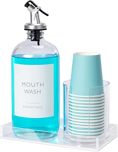 Dispensador de enjuague bucal con portavasos para baño contenedor de enjuague bucal Loplurea con bandeja y 14 tazas..