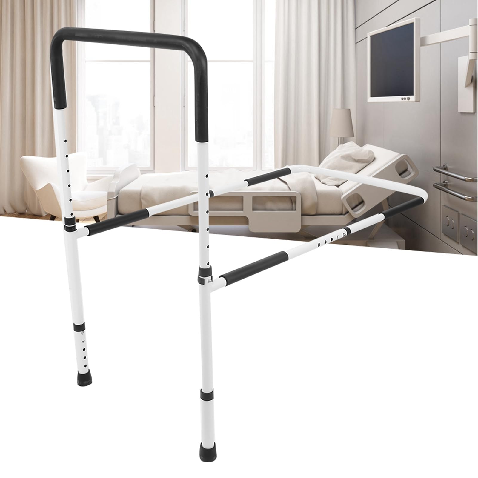 Barandilla de Cama Ajustable para Personas Mayores, Auxiliar Resistente para Cualquier Cama, Acero Negro, Capacidad de Peso de 300 Libras
