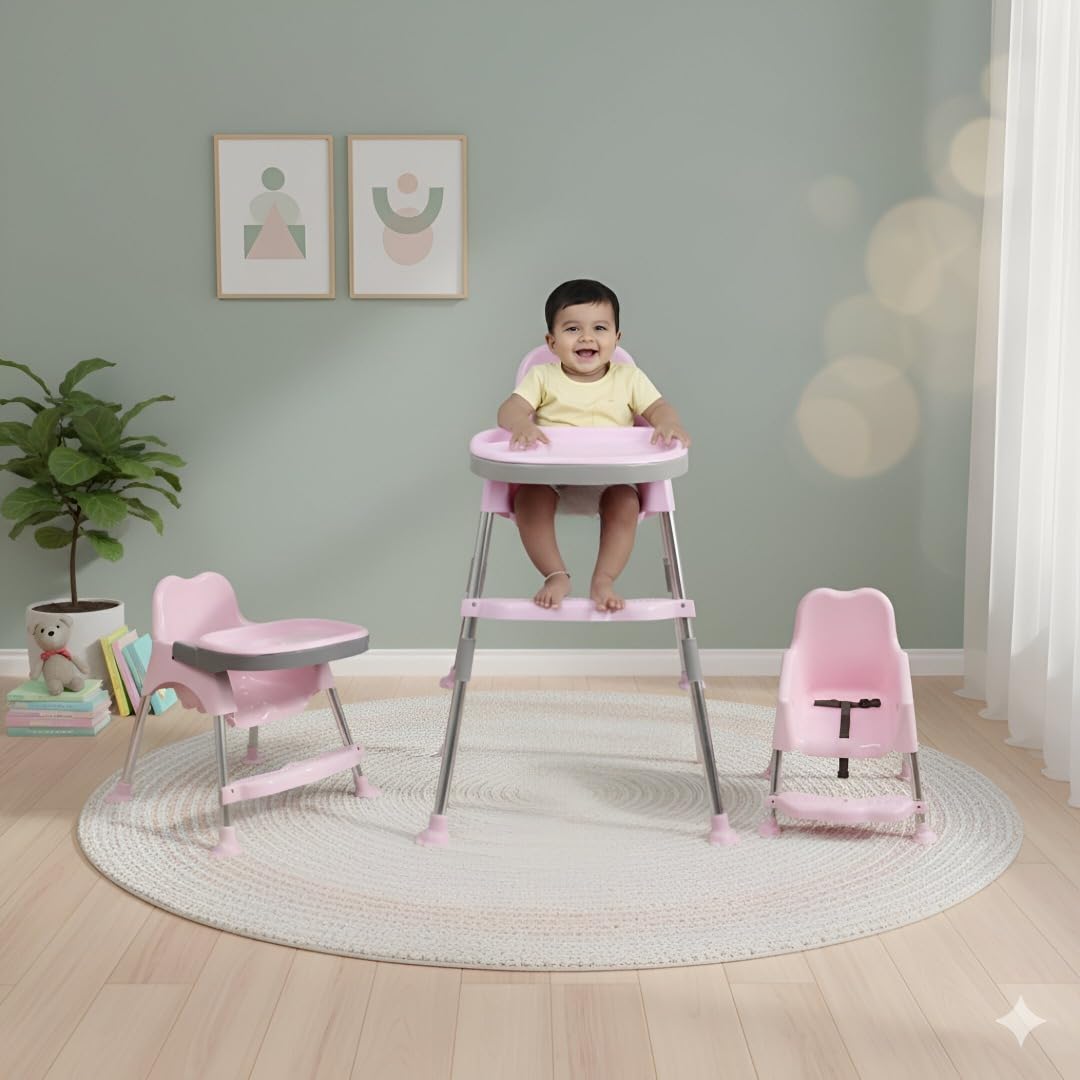 My Giraffe Spotty 3-in-1 Convertible Baby High Chair with Double Tray & Footrest | Easy-to-Clean Feeding & Study Chair for Babies & Toddlers up to 20kg (Pink)