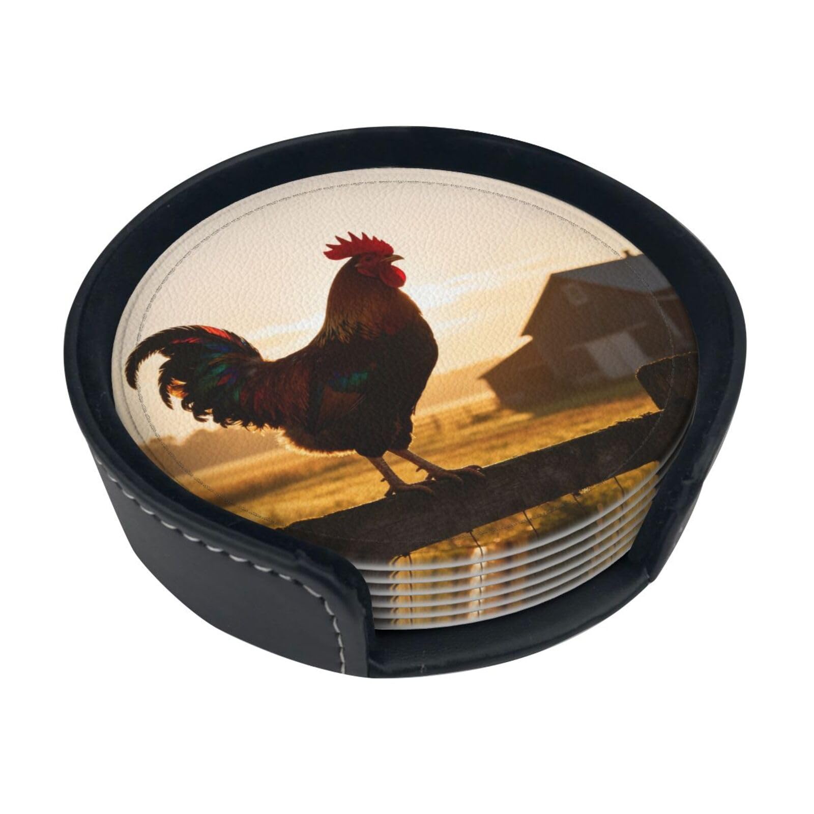 Cntdbu White Rooster Farm Silhouette Leather Coasters Set Of 6-Pu Leather Drink Mats For Table, Heat Resistant Round Coasters With Holder