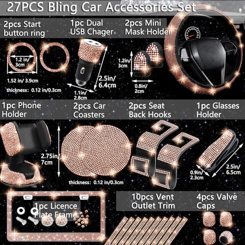 Image of NBTEPEM 27 PCs Gold Champagne Bling Car Accessories Set for Women, Steering Wheel Covers Universal Fit 15 Inch, Bling License Plate Frame, Bling Phone Holder, Bling Car Coasters