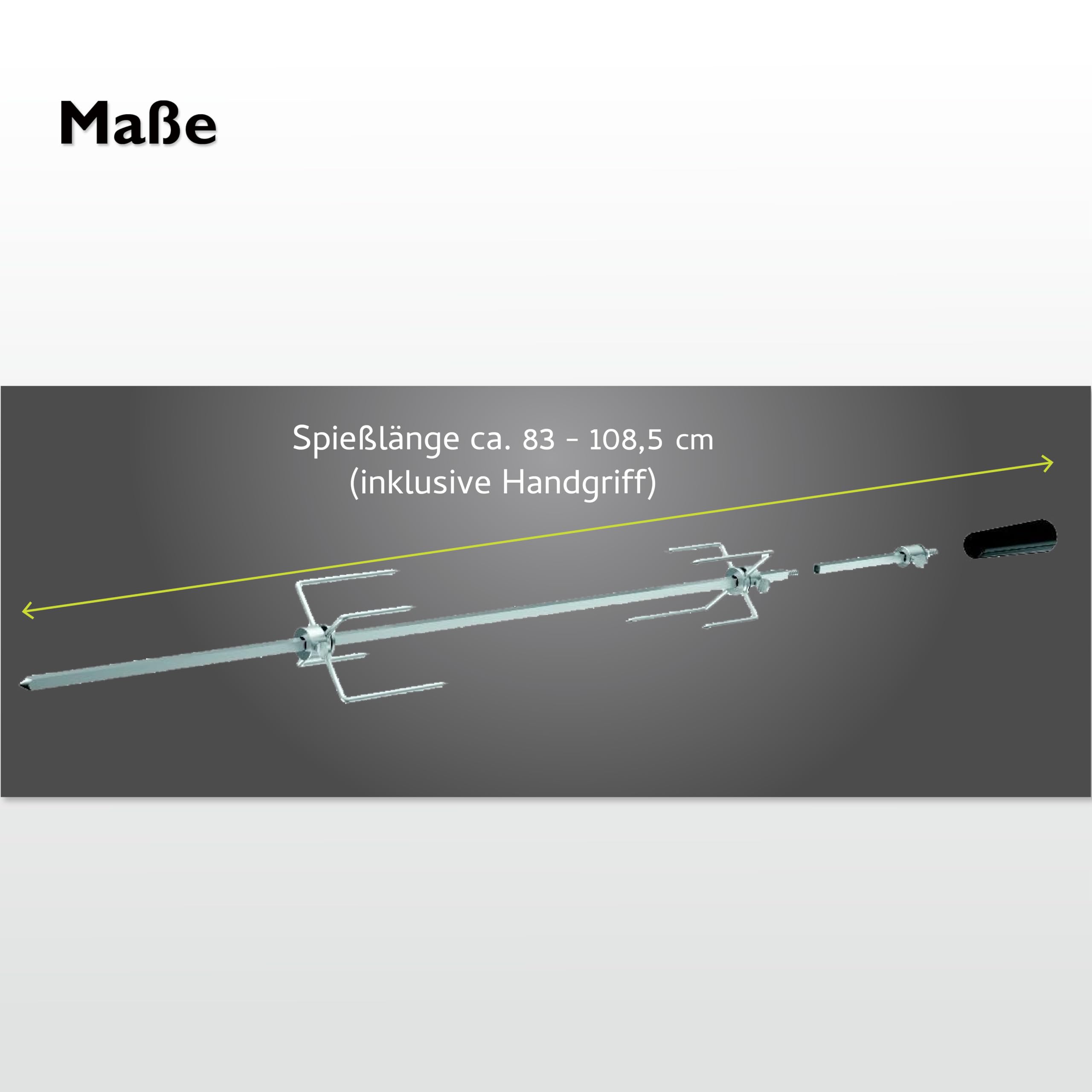 tepro Universal-Grillspieß Set mit Motor, Drehspieß aus Edelstahl, Netzbetrieb, mit 4x Fleischnadeln und 2 Fleischkammern, Spießlänge ca. 83 - 108,5 cm (inklusive Handgriff)