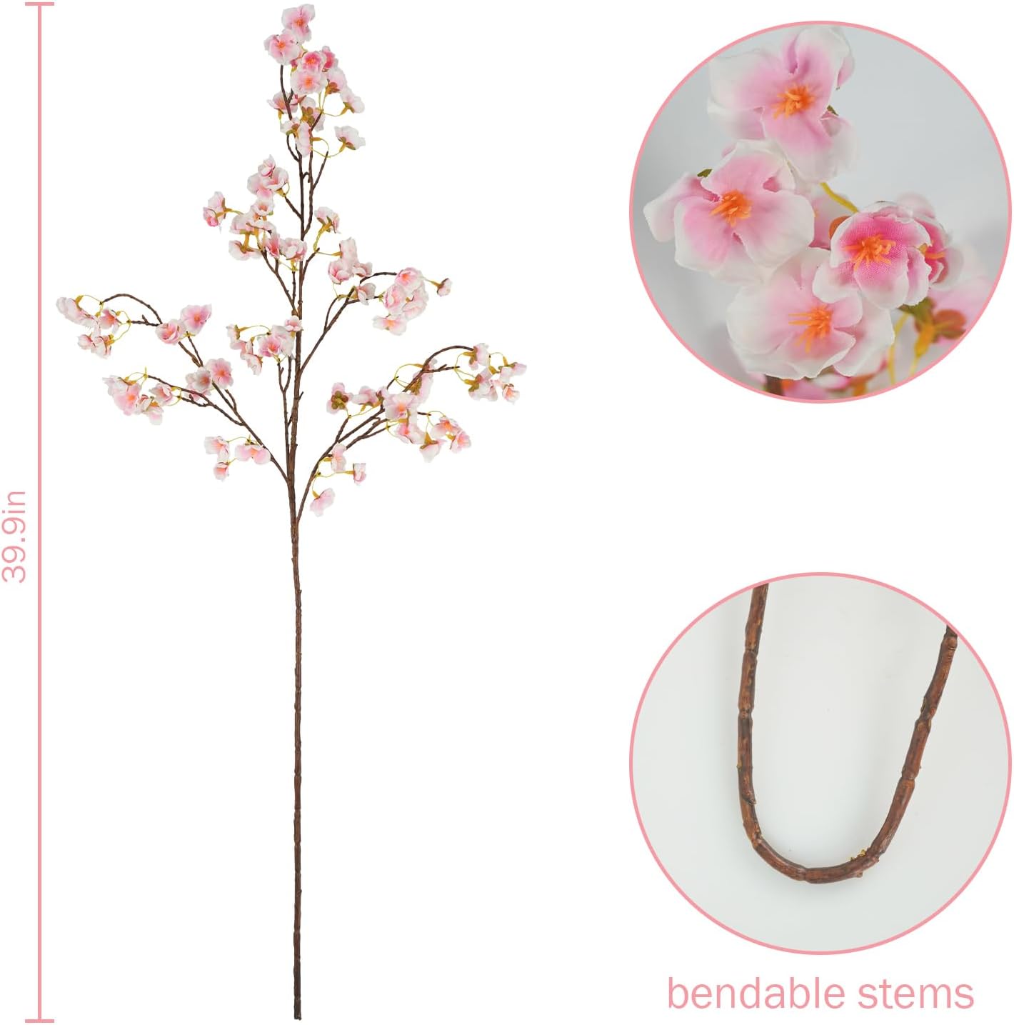 12 Pcs Artificial Cherry Blossom Flowers 40" Faux Silk Cherry Blossom Stems Fake Real Touch Peach Branches for Wedding Home Garden Japanese Decor White Pink - Image 3