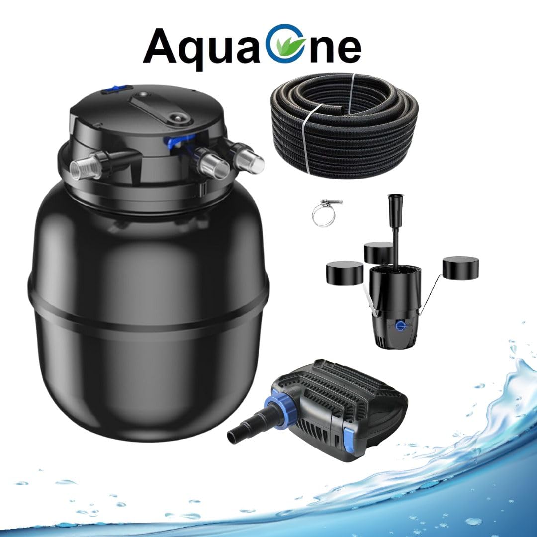 AquaOne Zestaw filtrów do oczka wodnego z pompą do stawu, pompa filtrująca CPU-50000 do stawu o pojemności do 80 000 litrów, kompletny zestaw z lampą UV Eco pompą 80 W, skimmer, wąż do stawu, nr 58