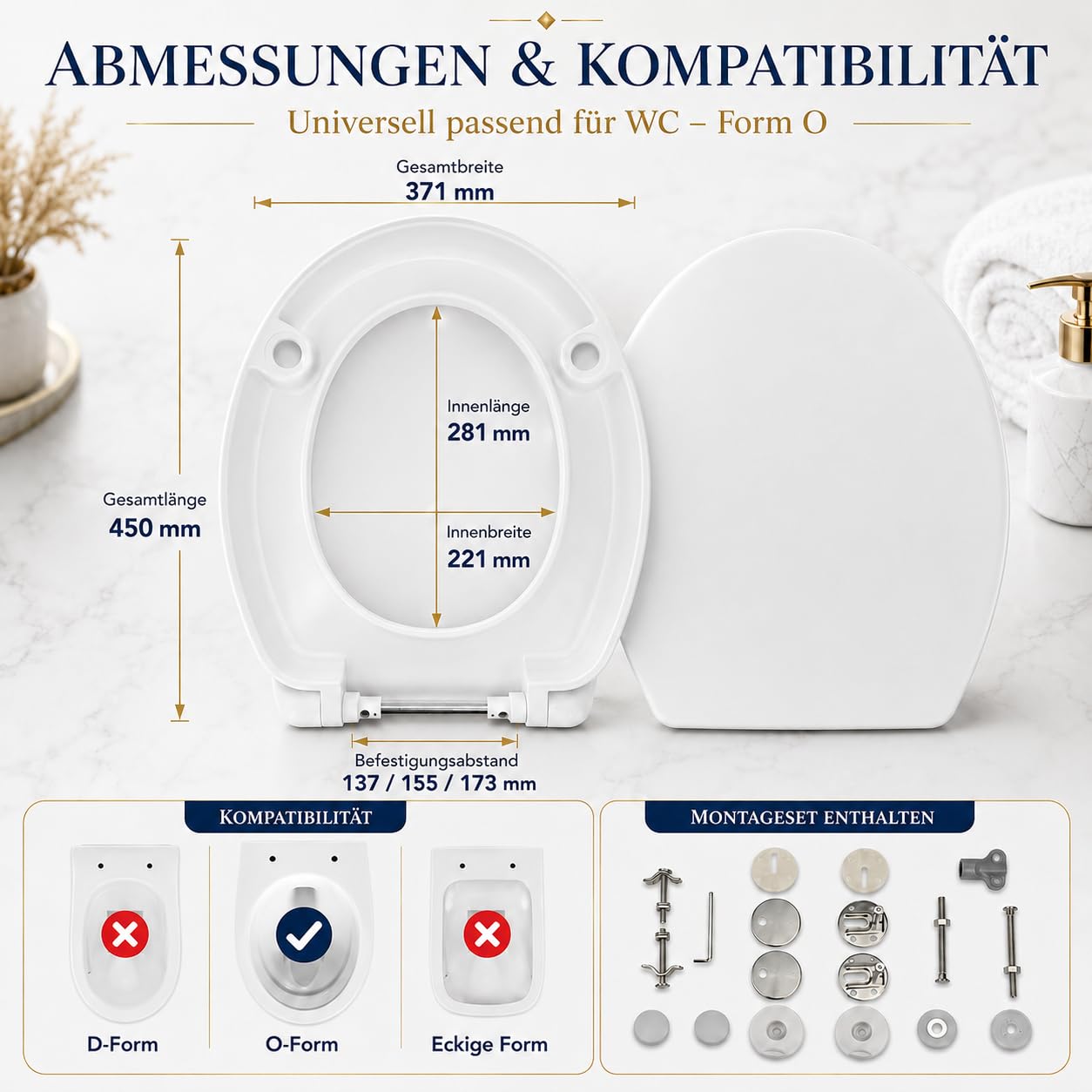WC-Sitz erhöht 5cm für ältere/behinderte Menschen, WC-Sitzerhöhung Toilettensitz aus Duroplast, leiser Absenkautomatik, verstellbare Edelstahl-Scharniere (250 kg, Universal) (O-Form)