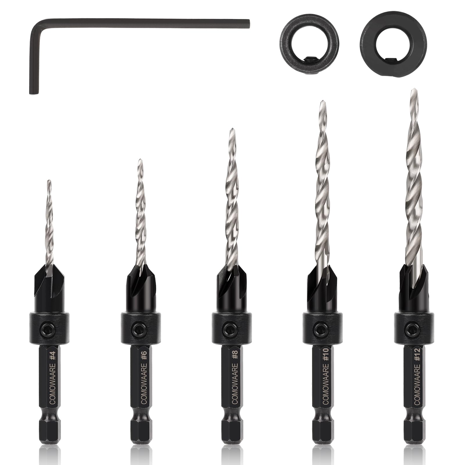 COMOWARE Countersink Drill Bits Set- 5Pcs M2 Counter Sink Bit for Wood High Speed Steel, 4#6#8#10#12, Woodworking Carpentry Reamer with 1 Free Hex Key
