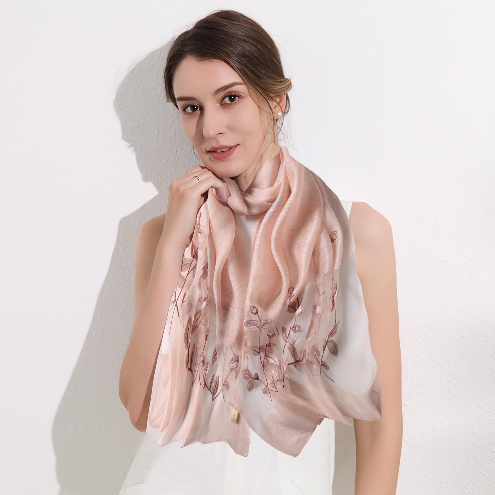 LumiSyne Foulard Soie De Mûrier Femme Écharpe En Mousseline Tulle Transparent Avec Broderie Feuille Léger Doux Écharpe Longue Hijab Châle De Protection Solaire Étole De Mariage Printemps Été Automne