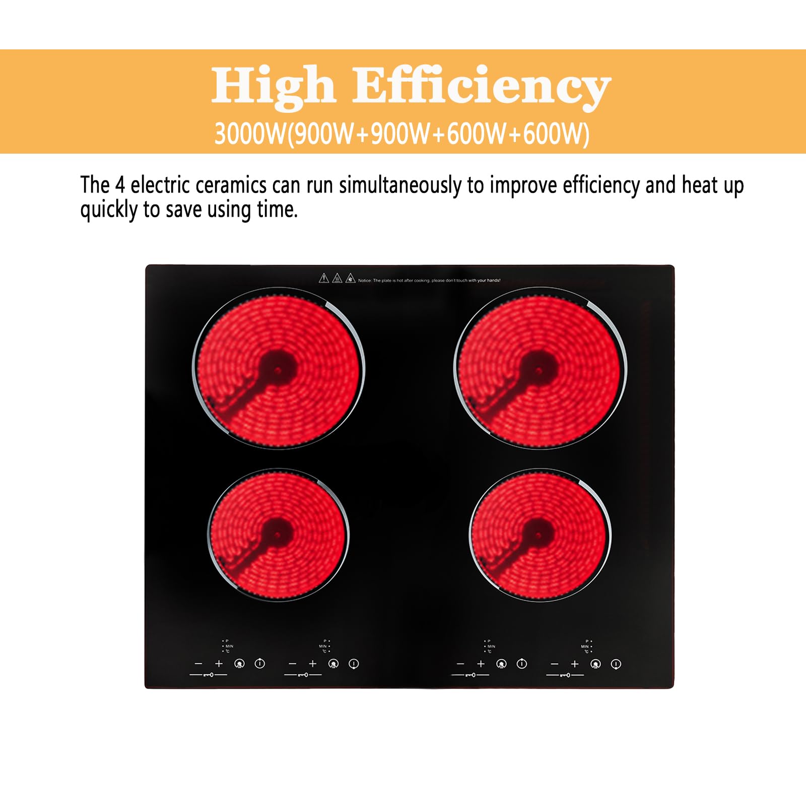 pijopang 4 Burner Electric Cooktop 110v, 24 Inch Electric Stove Countertop & Built-in, Cooktop with 9 Power Levels, Sensor Touch Control, Safety Lock, Timer, 3000W, No Plug (4 Burners)