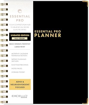 DELUXE ESSENTIAL PRO Undated Daily, Weekly & Monthly Planner,Monthly Tabs,Daily Tracking,Notes Pages,Storage Pocket,Black