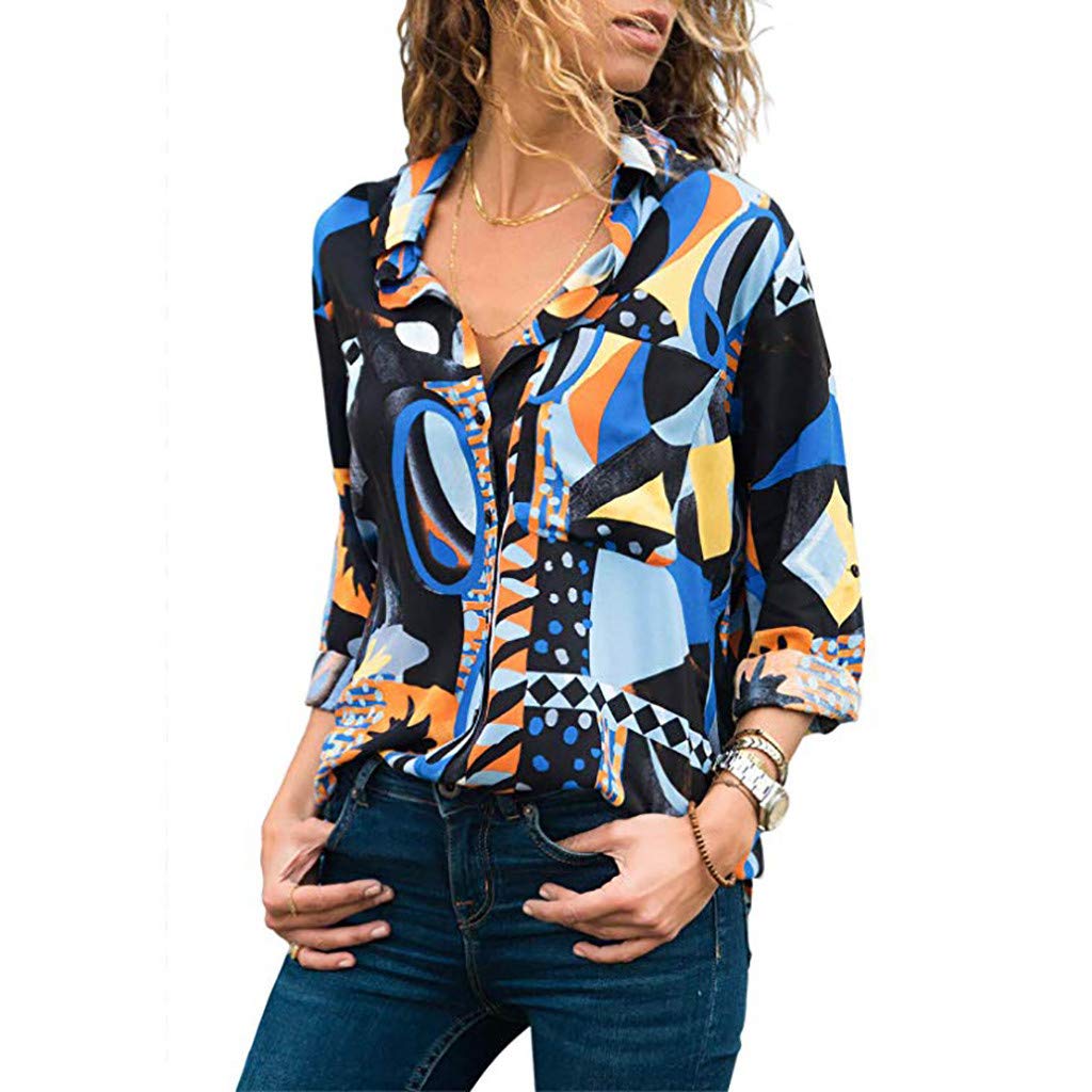 Toimothcn Women Vintage Floral Button Shirt Long Sleeves V-Neck Wear to Work Blouse Tops