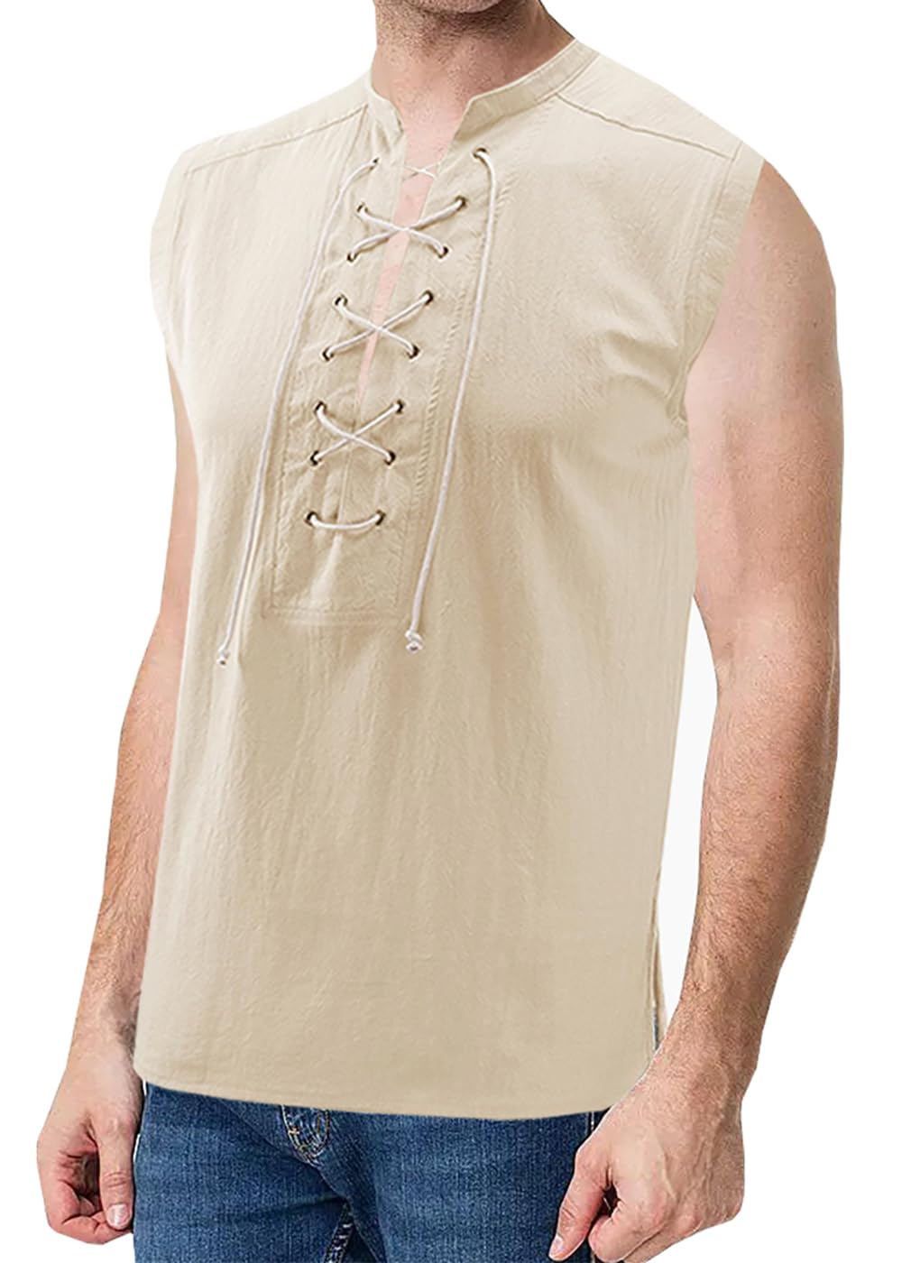 YEAXLUDViking Pirate Costume Men, Medieval Renaissance Shirt, Linen Gothic Victorian Vest, Sleeveless Steampunk Festival Tank Top, Plus Size Halloween Ren Faire Poet Cosplay Clothing(Beige-3XL)