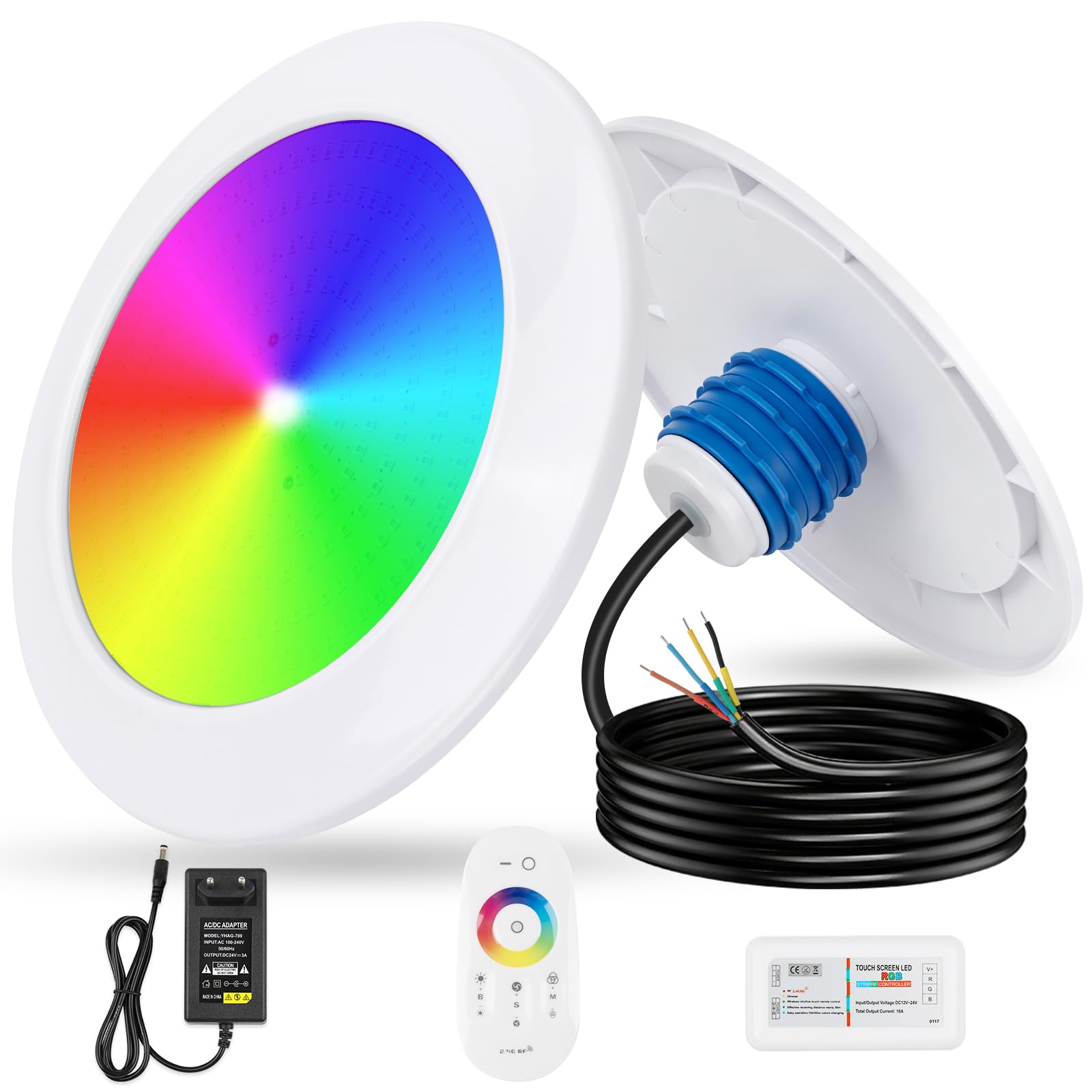 COOLWEST Proiettore Piscina LED con Filettatura 1 1/2", 25W Lampade Piscina RGB Multicolore con Telecomando, Ø180mm, 24V DC IP68 Impermeabile Luci per Piscinas Cemento SPA