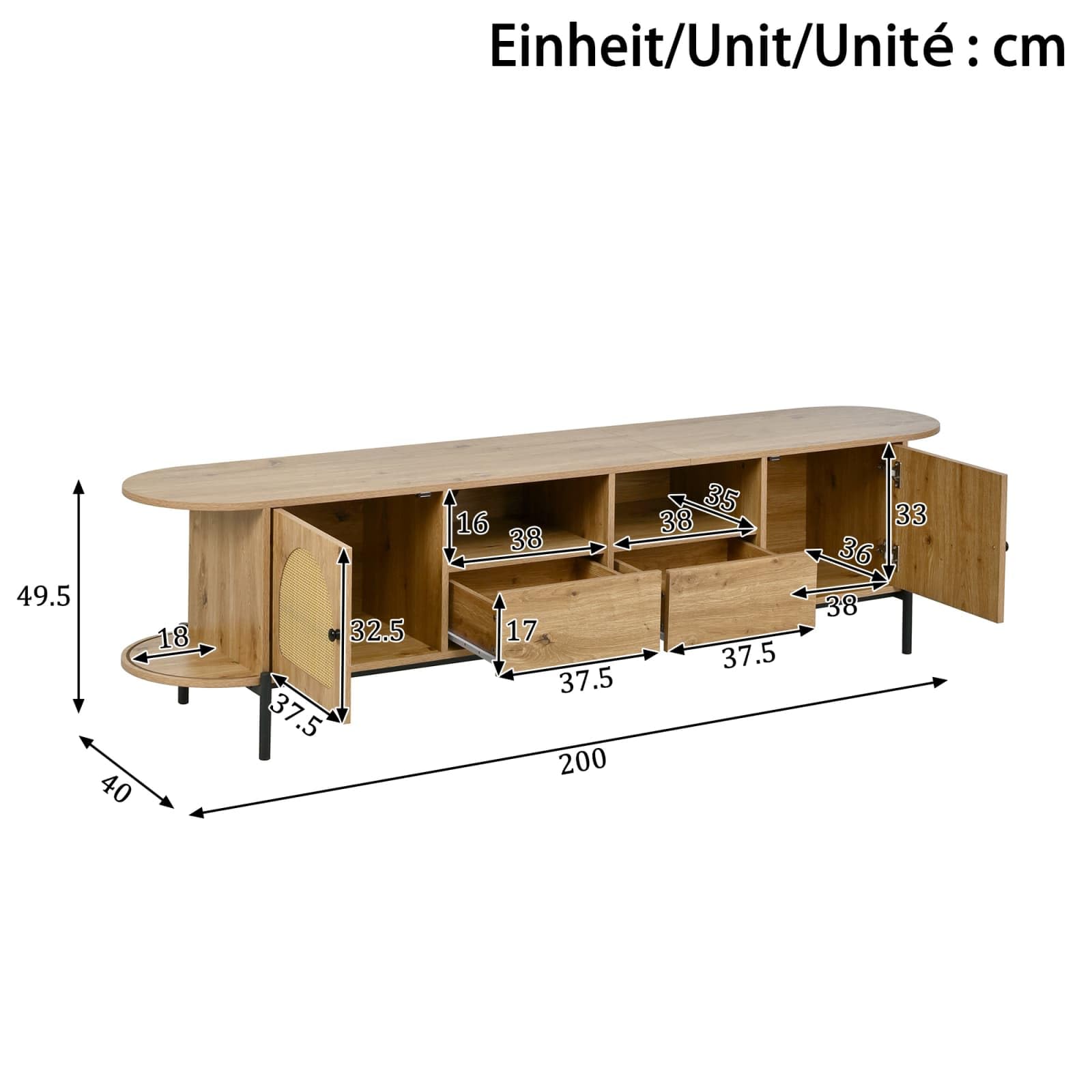 KOMHTOM Ensemble Meubles Salon 3 Pièces Meuble TV 200cm Buffet Table Basse Portes Coulissantes Effet Cannage Rotin Naturel(Bois Naturel - Effet Cannage (3 Pièces))
