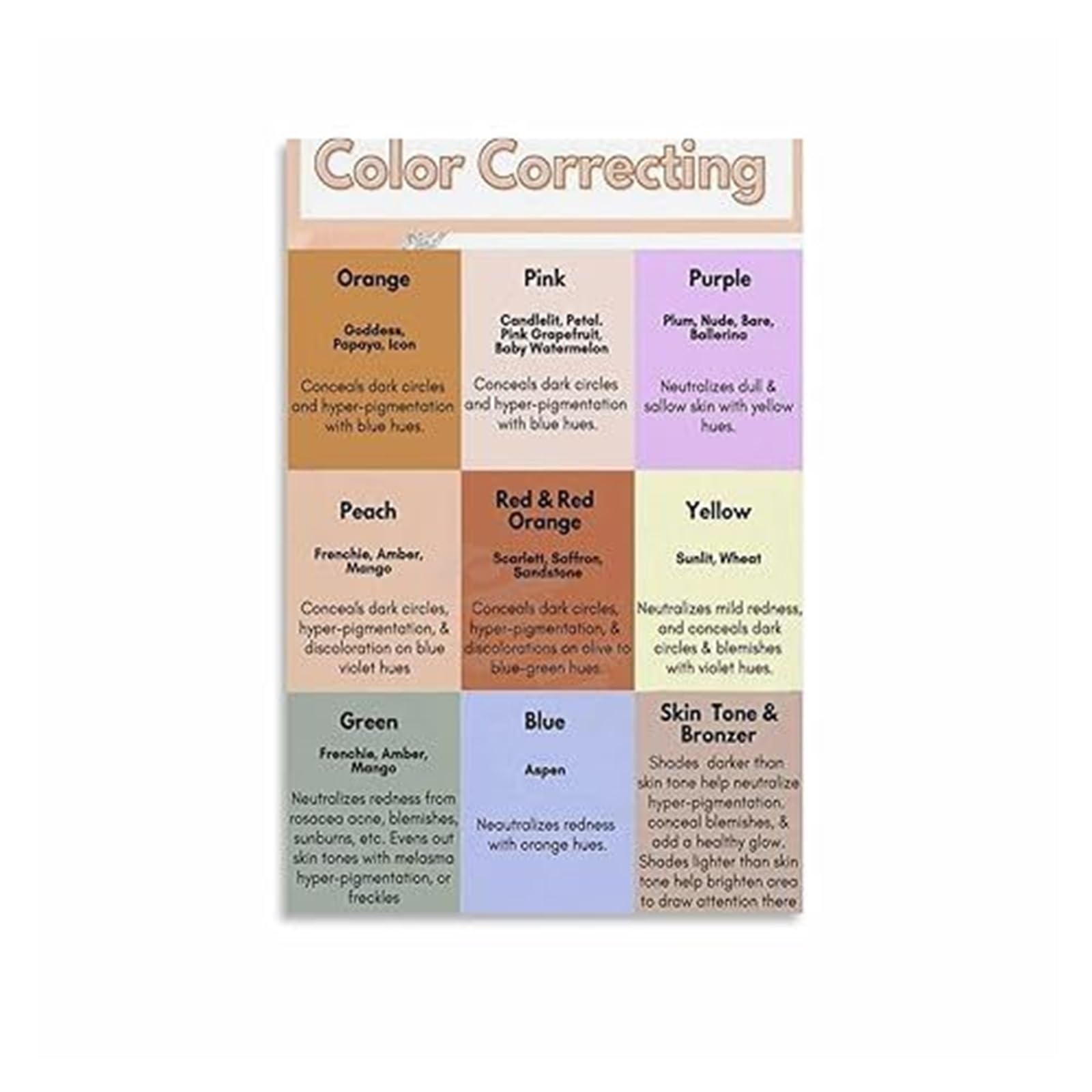 BYLSAGWHT Makeup Color Correction Poster Concealer Guide Chart for Professional Makeup Artist Vanity Home Decor