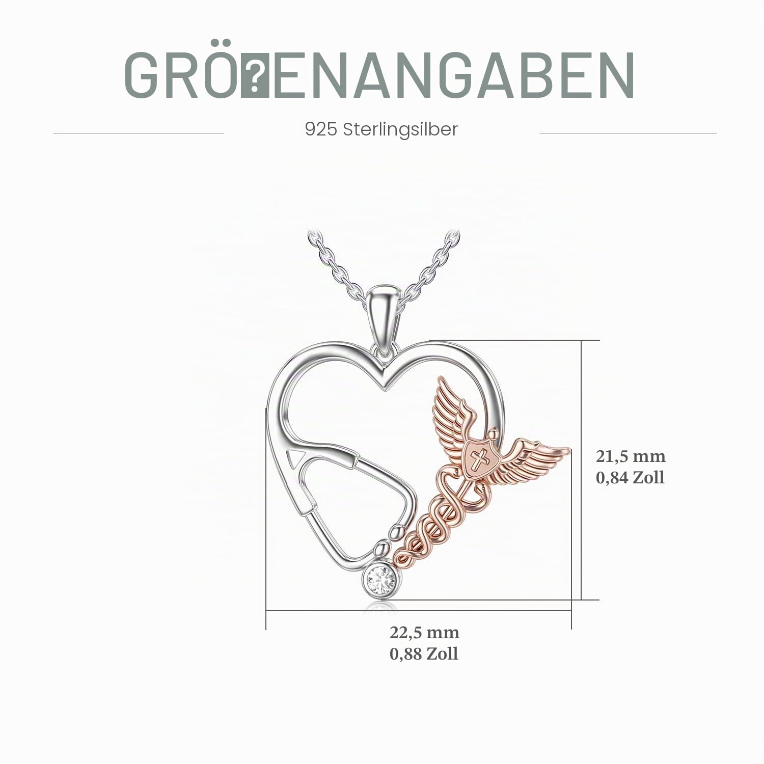 Silber Hermesstab Engel Anhänger Stethoskop mit Zirkonia Herzform Halskette Schmuck Dankeschön für Krankenschwester Ärzte Frauen Mädchen, 45,7 cm + 5,1 cm Kette