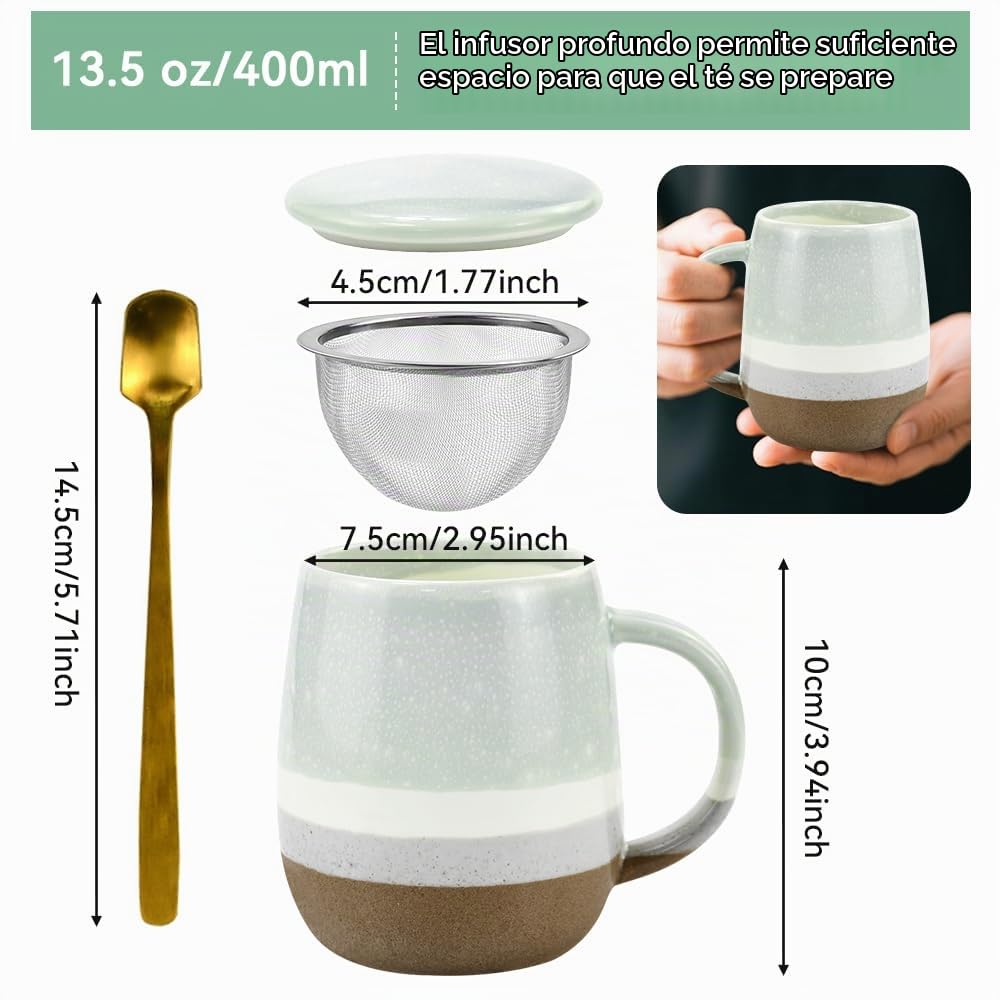 Taza de Cerámica con Tapa Tazas Para Infusiones con Filtro de Cerámica y Tapa 400ml Taza para Infusiones Microondas Taza Té Porcelana Taza de Té con Filtro Tazas Originales para Regalar | Taza con tapa para macerar, infusor de acero inoxidable para hojas