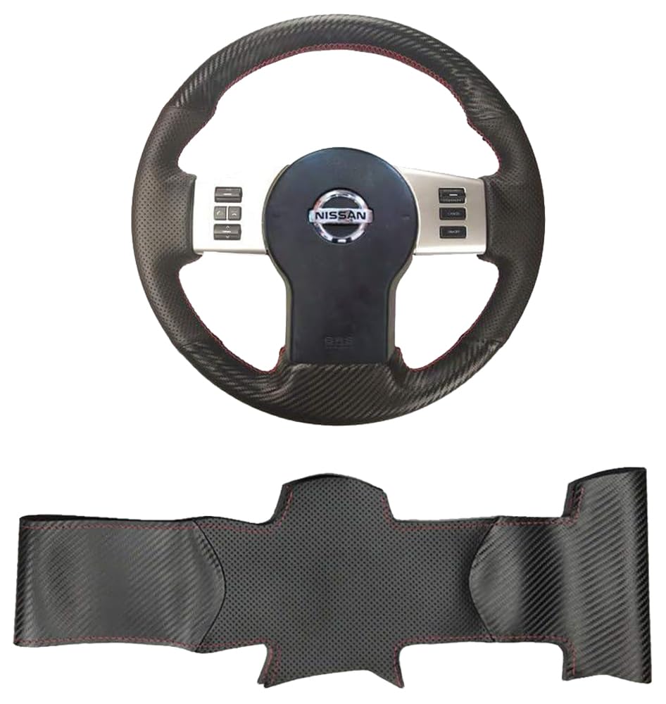 Black Carbon Fiber&Perforated Leather Steering Wheel Cover Hand-Stitch Sew on Wrap for Nissan Pathfinder 2005-2012 / Nissan Xterra 2005-2015 / Nissan Frontier 2005-2019 (Matte Carbon Fiber+Leather)