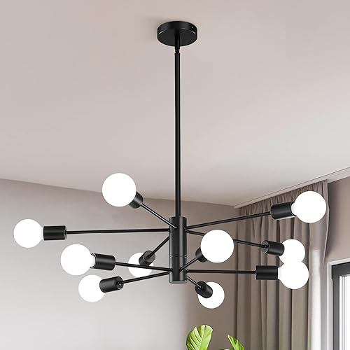 KAISITE Lámpara de techo moderna Sputnik, lámpara de araña negra de 10 luces para comedor, sobre la mesa, altura ajustable, lámpara colgante de