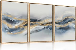 Large Abstract Navy Blue Gold Framed Canvas Wall Art,Watercolor Brush St...