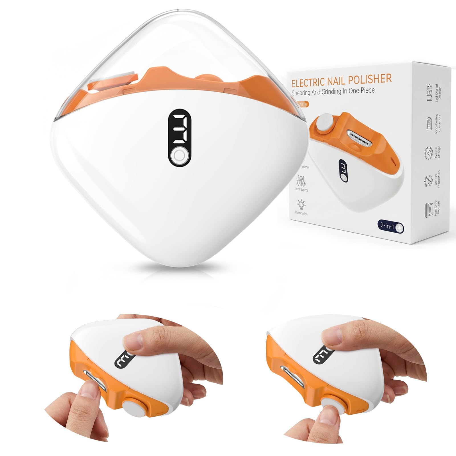 Cortauñas Eléctrico Nuevo 2026, Cortauñas y Pulidor Eléctrico 2 en 1 Con 3 Velocidades, Compartimento para Uñas, Carga USB-C, Lluminación Auxiliar LED, Para Bebés, Adultos y Personas Mayores (Naranja)