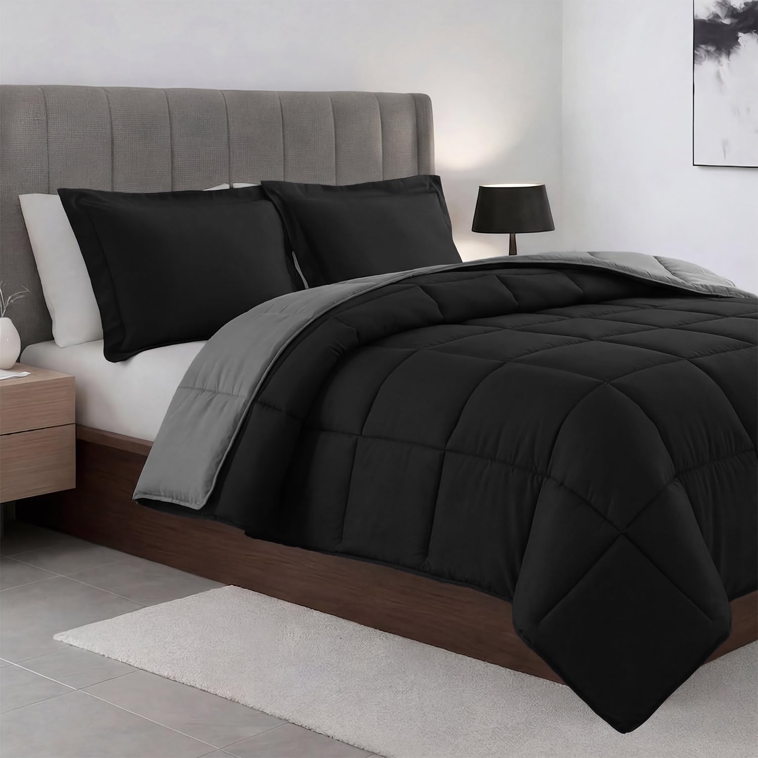 Elegant Comfort All Season Quilted 3-Piece Reversible Comforter Set-Duvet Insert with 4 Corner Tabs, Box Stitched Down Alternative, Cozy and Soft Comforter Set with Shams, Twin, Black/Silver