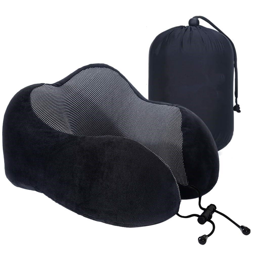 araami memory foam neck rest pillow for neck support, travel pillow for resting in flight, car, train and bus (9.5" x 10" x 5'')