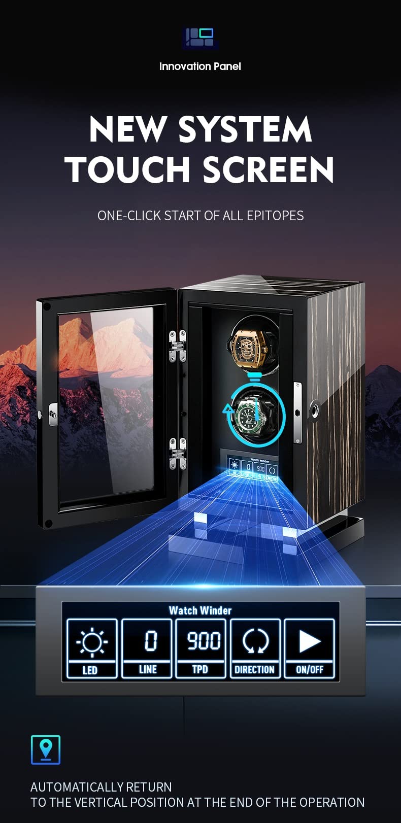 Caricatori Automatici per Orologi da Polso con Display LCD e Telecomando, Custodia per Orologi con Illuminazione a LED e Motore Mabuchi Silenzioso, impostazioni di rotazi，2+0