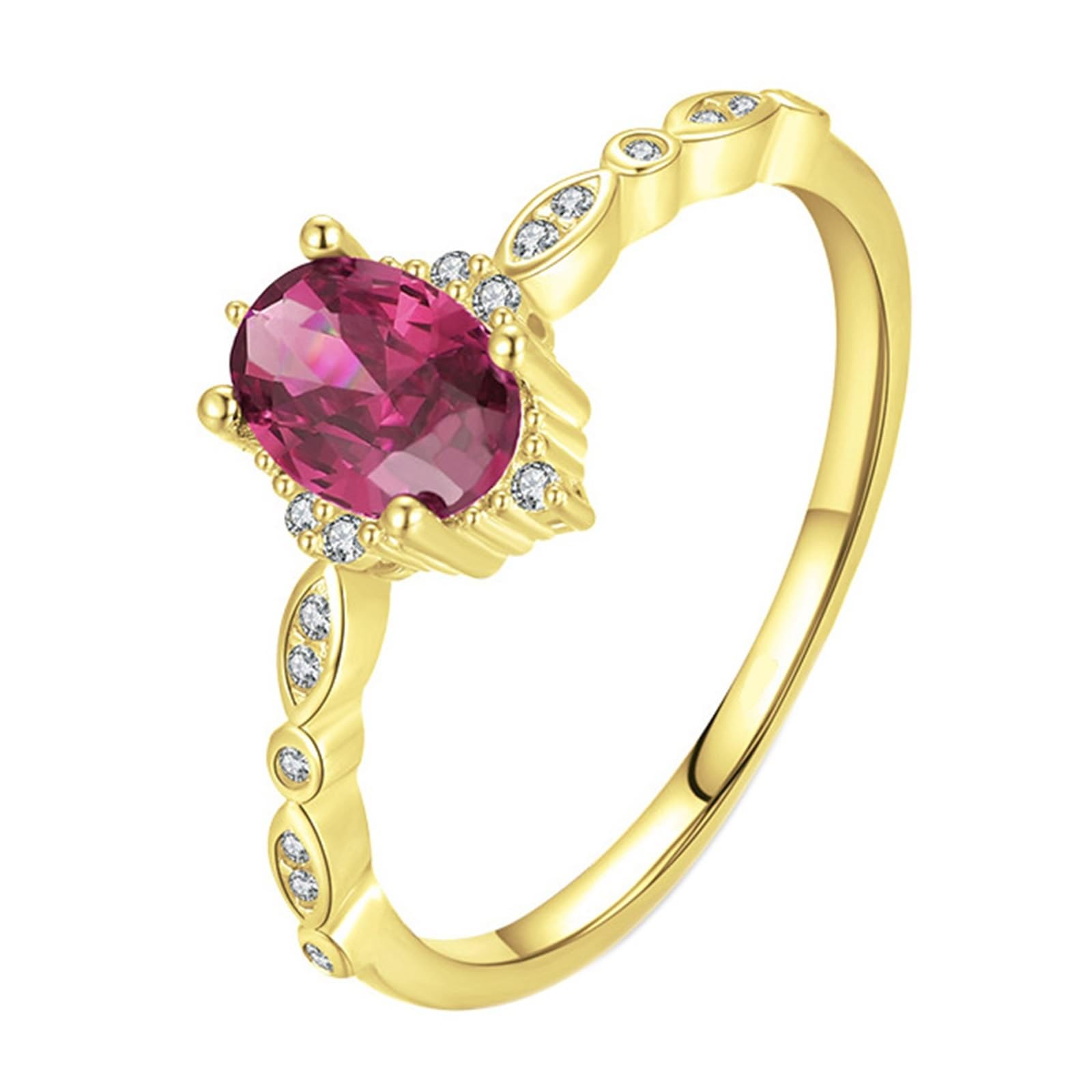 Bague de fiançailles en or jaune 9 K/14 carats avec rubis artificiel rouge 5 x 7 mm, feuille vintage pour femme