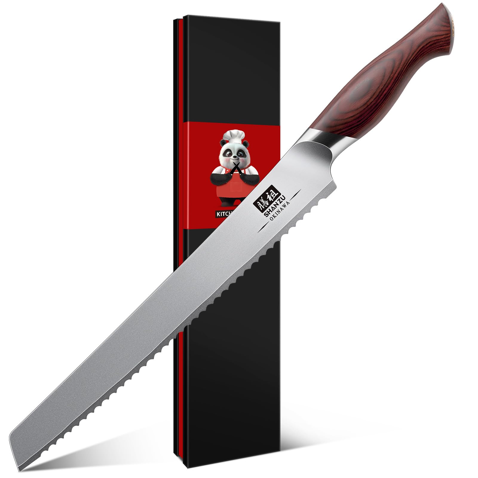 SHAN ZU Brotmesser 25cm, Japanischer Sägezahnmesser für Brot & Kuchen, Brotschneidemesser mit 10CR15Mov Hoher Kohlenstoff Edelstahl -Scharfe & Ergonomischem Pakkawood Griff - Okinawa -Serie
