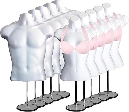 Miniatura 15 de DisplayTown Maniquí de torso masculino y femenino con soporte de metal, cuerpo con respaldo hueco, apilable, forma de vestido para exhibición