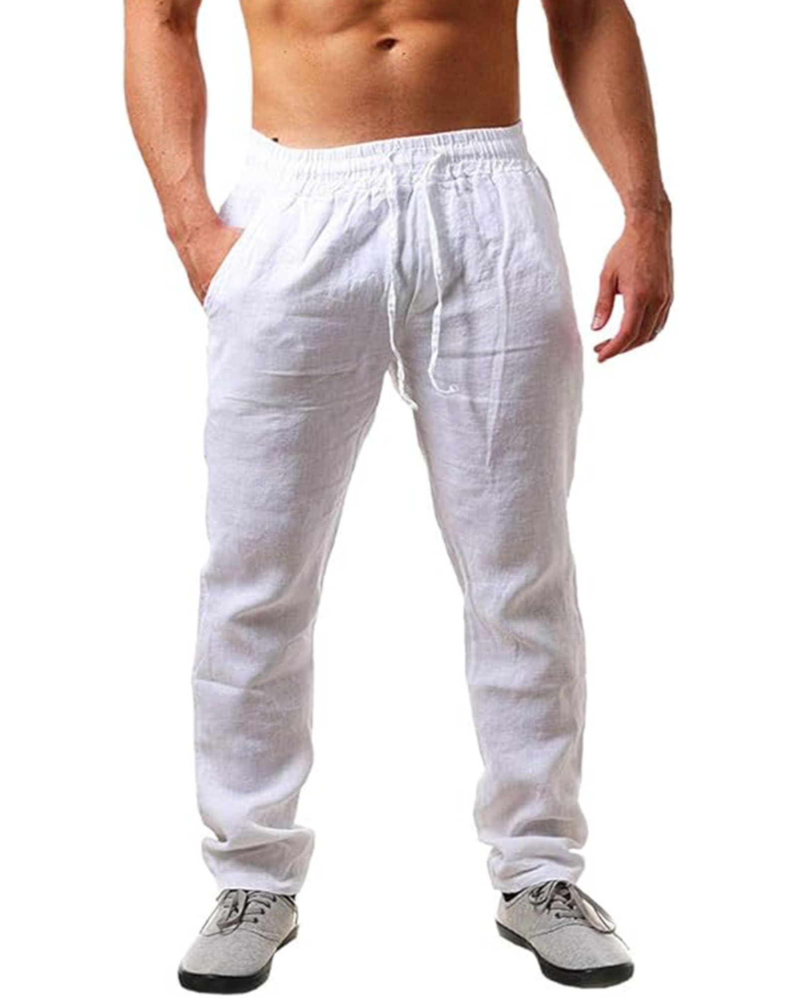 JESDM Leinenhose Herren Sommer Herbst Lose Lässige Leinenhose mit Taschen Elastischer Bund M-3XL