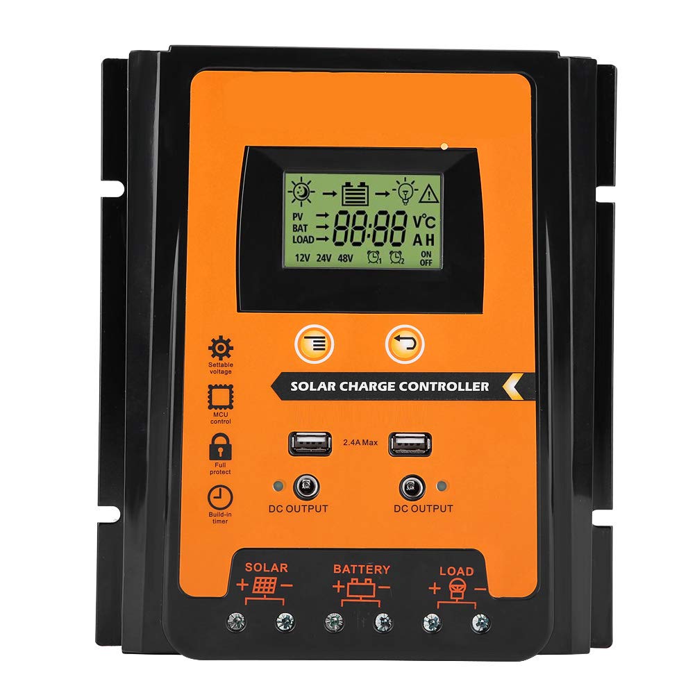 Controlador de Carga Solar, MPPT Controlador de Carga Solar de Plástico, Pantalla LCD Dual USB Regulador de Batería, para Automóviles y Motocicletas, Pequeño Applianc para el Hogar (70A)
