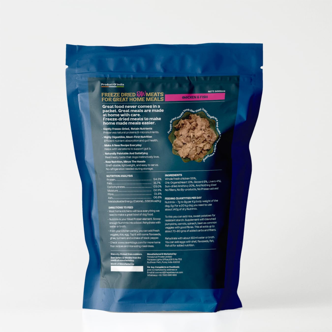 Rawr4Dogs | Nutrimix Freeze-Dried Meat Toppers | Chicken & Buffalo | for Home Cooked Meals | 54% Protein | Natural and Preservative Free | 500 GMS | Makes 1500 GMS When Mixed with Water