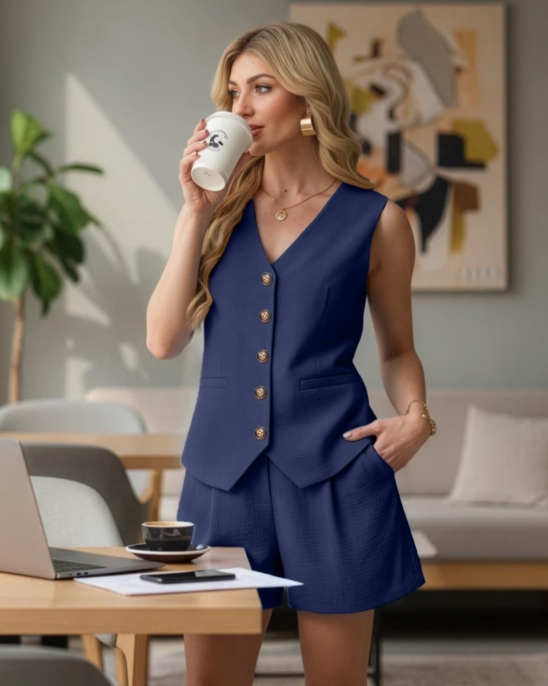 Lepunuo Women's Summer 2 Piece Outfits Sleeveless Button Down V Neck Vest Business Casual Outfits Vacation Travel Sets - Image 3