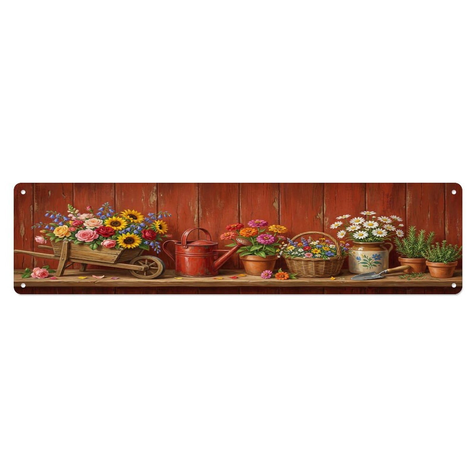 Floral Garden Tools Wheelbarrow Bloom Pattern Print Metal Tin Sign