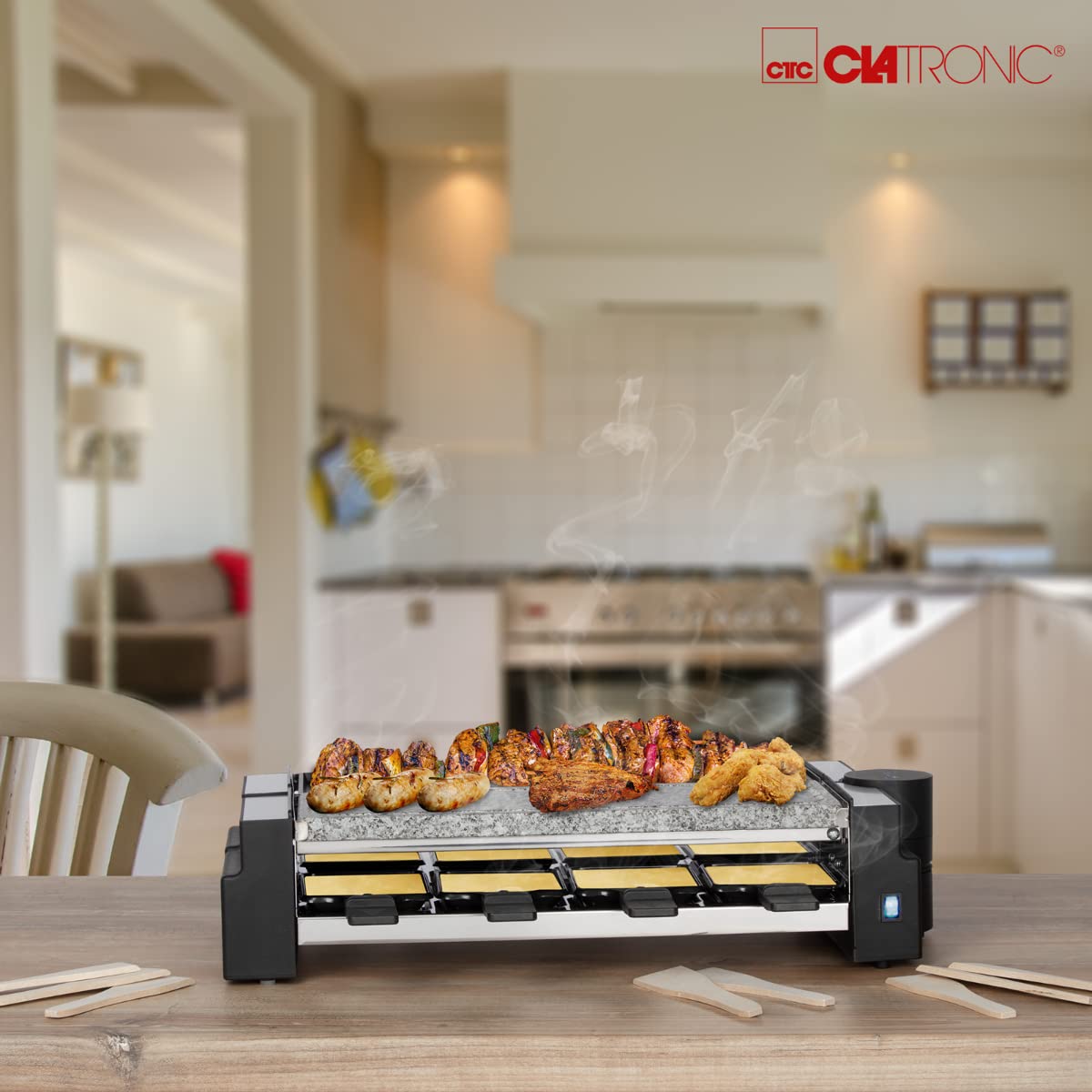 Clatronic RG 3678, 2 w 1 grill raclette, naturalny kamień do grillowania i płyta odlewana z odlewu obrotowego, przegub obrotowy 180°, 8 patelni, może być również stosowany jako raclette dla 4 osób,