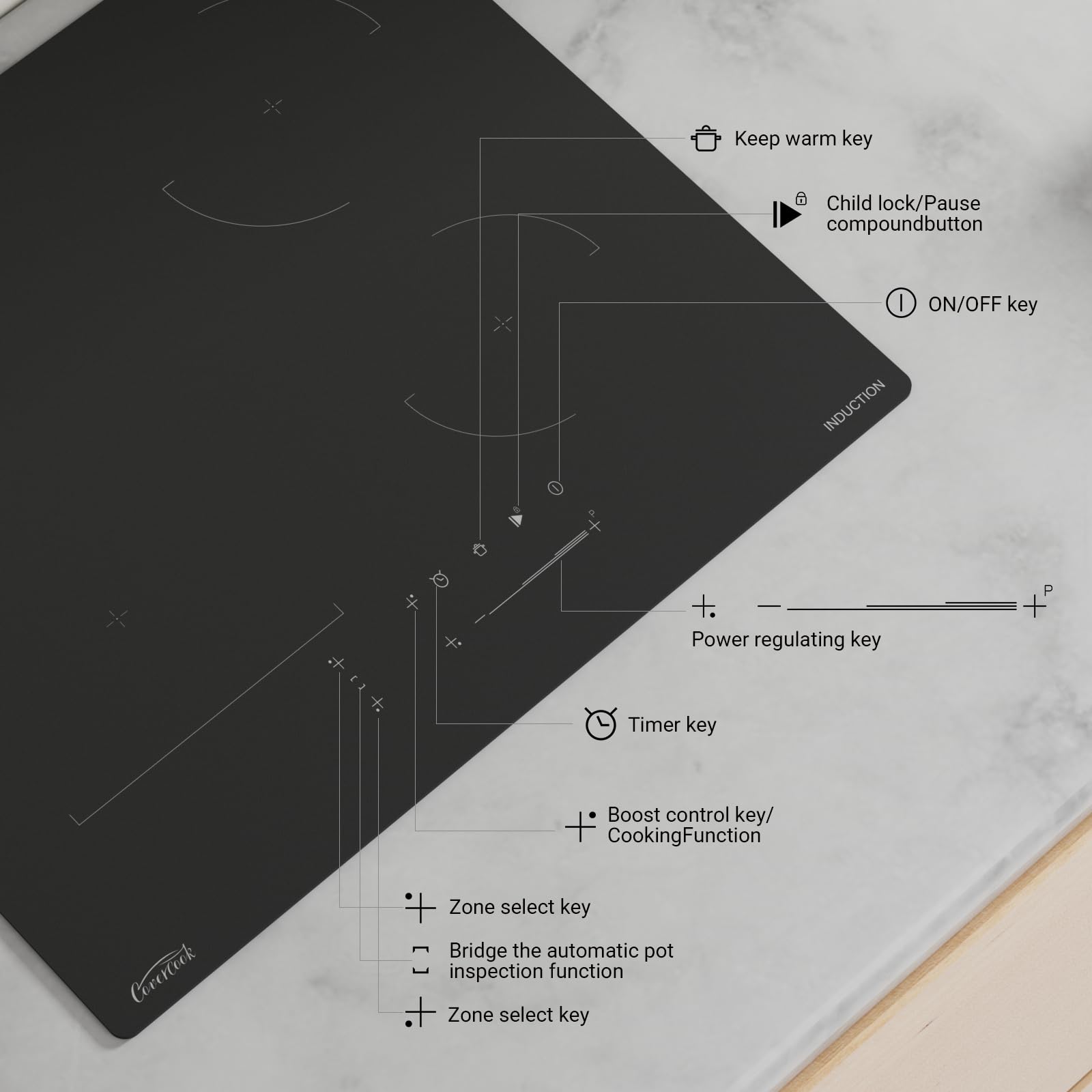 COVERCOOK Induction Hob, 59cm Electric Cooktop, Built-in Hot Plates with Bridge Zone, 7000W, 240V, Matte Glass, Scratch-resistant, Pause and Keep Warm Function - 4