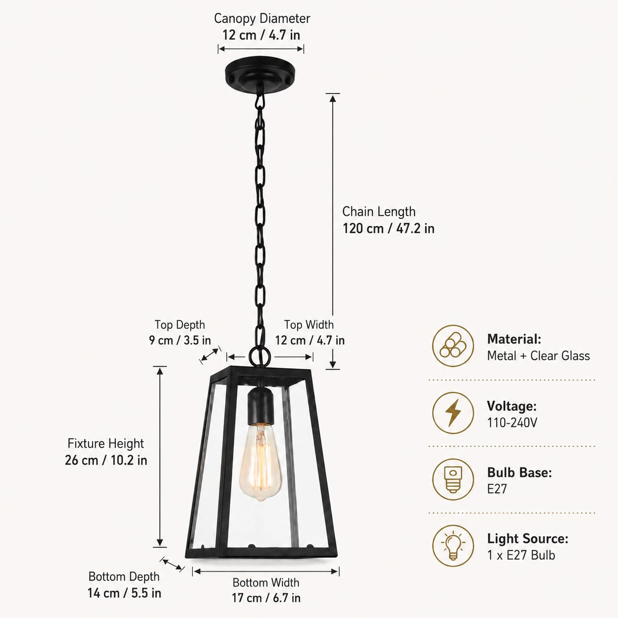 Lampa wisząca czarna z przezroczystym szklanym panelem