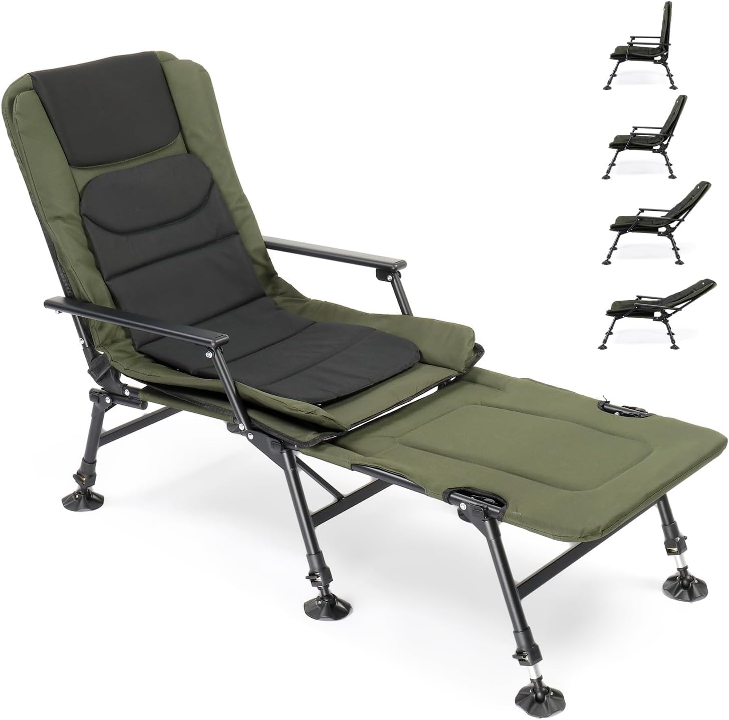 Outopee Foldable Fishing Chair, Outdoor Camping Garden Reclining Padded Chair with Adjustable Height, Footrest, Rotating Feet for Patio Hiking/Beach/Picnic, 160kg Capacity