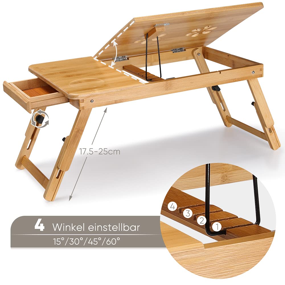 Escritorio portátil de bambú para Cama, con Patas Ajustables para Laptop con Tapa abatible y cajón para sofá Cama