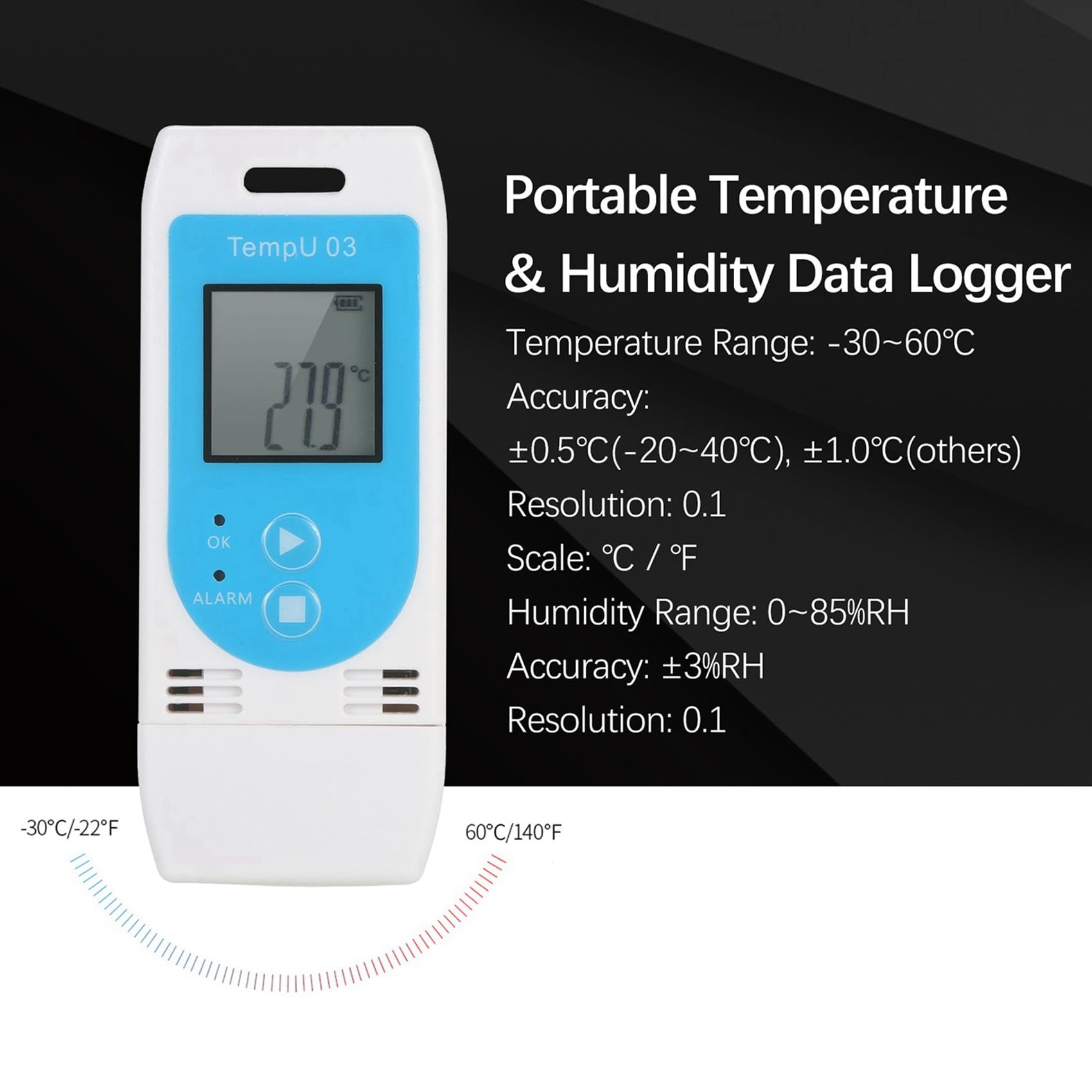 TempU 03 USB Temperatura Humedad Data Logger Reutilizable TEMP Datalogger Registrador Medidor de Registro de Humedad 5X