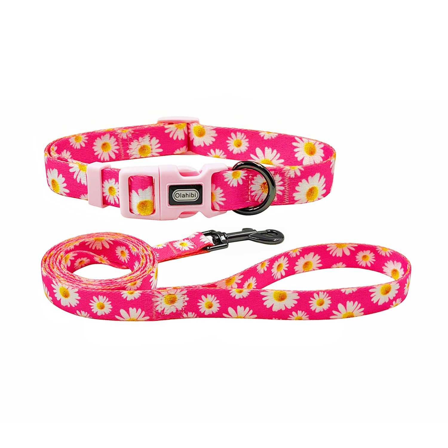 Dog Collar and Leash Set, Cute Pink Daisy Pattern, Polyester Material, 5ft Leash, for Small Dogs.(S, Daisy Set)
