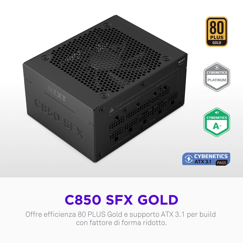 NZXT C850 SFX Gold - Alimentatore SFX ATX 3.1 da 850 W - 80 Plus Gold - Cybenetics Platinum - Completamente modulare - PCIe 5.1 600 W 12 V-2x6 - Condensatori giapponesi - Nero - 3