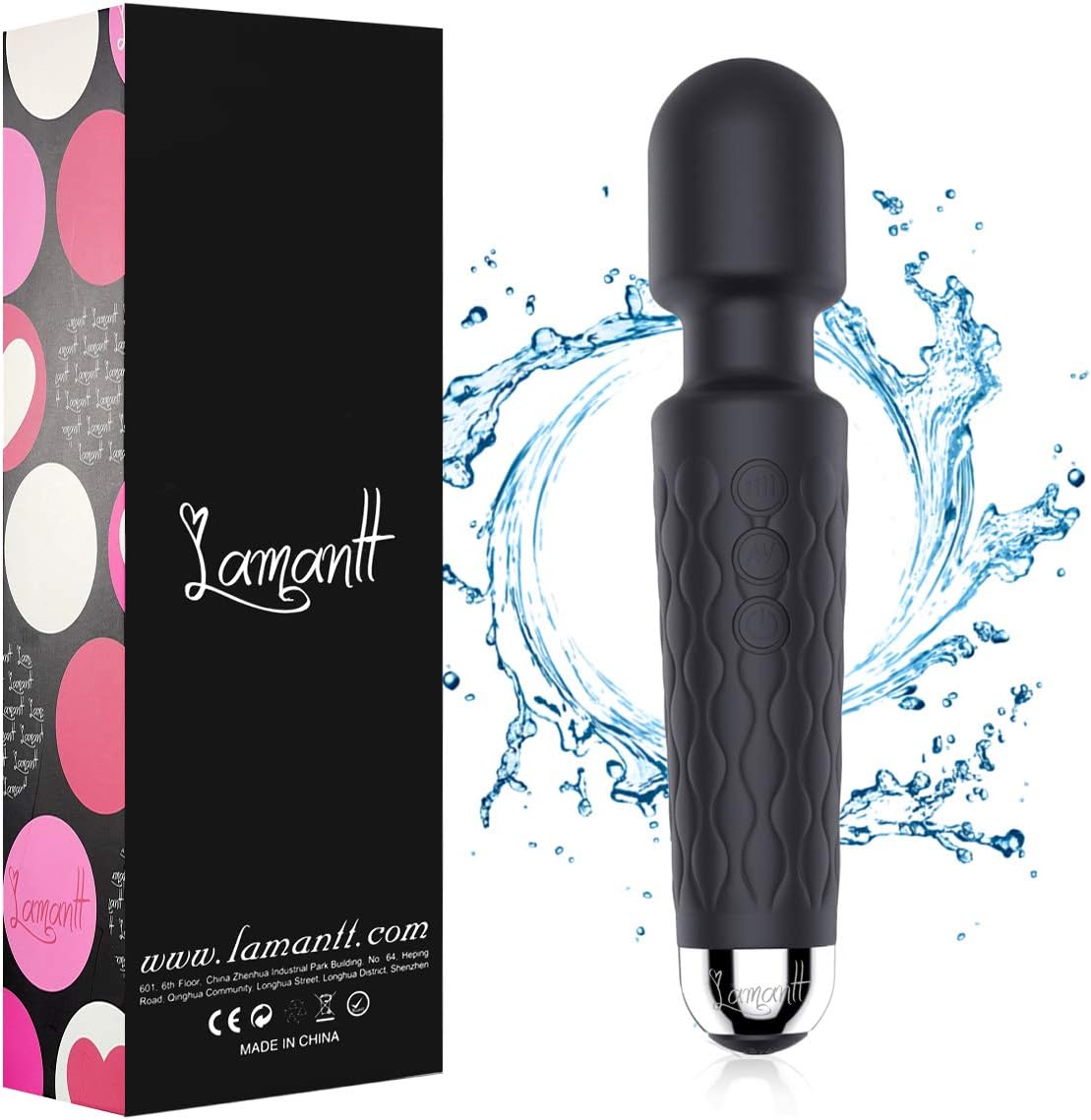 Lamantt Rechargeable Personal Wand Massager,Cordless Personal Massager Handheld with 20 Patterns & 8 Speeds Waterproof and USB Wand Massage, Recovering Back Neck Legs (Black-1)
