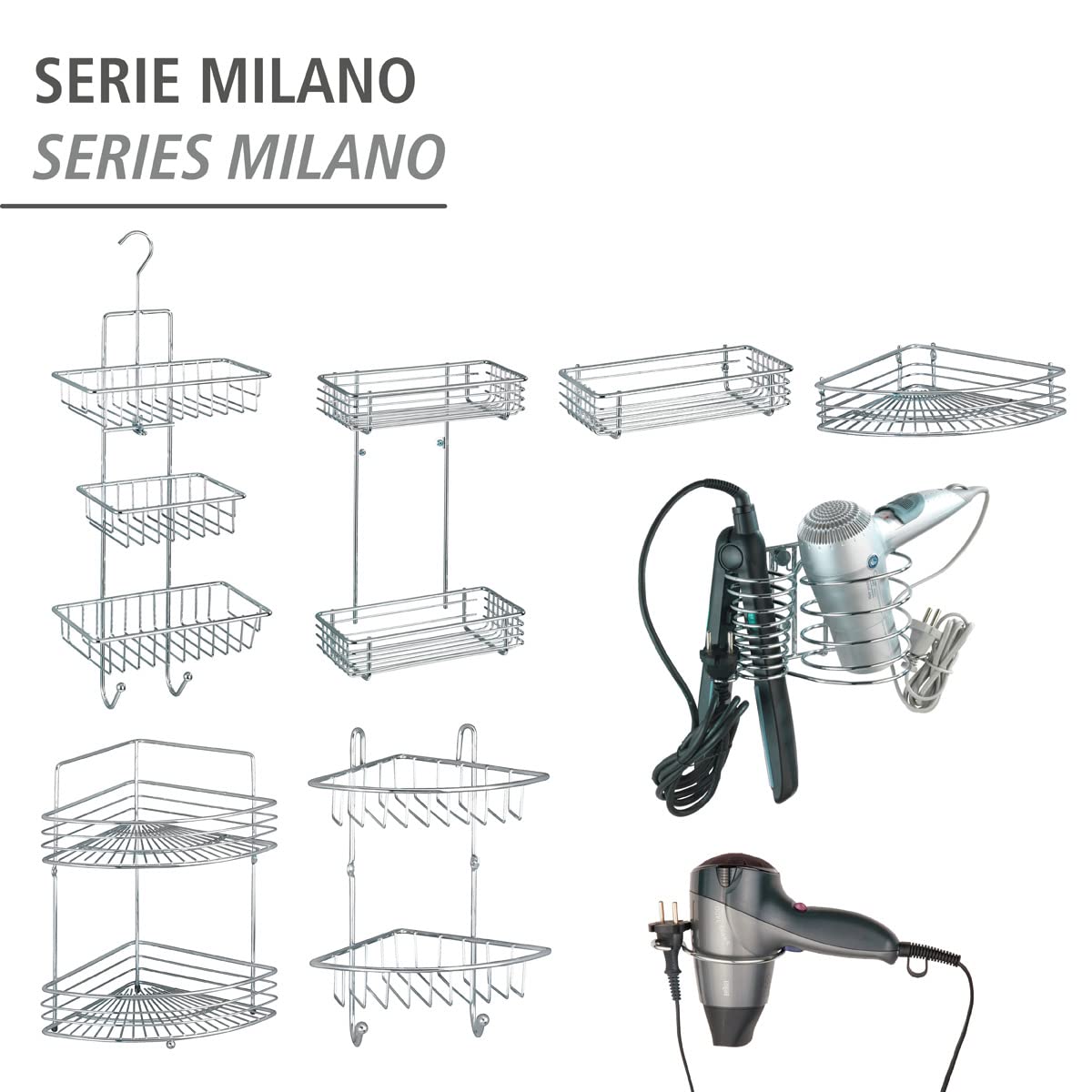Wenko 18280100 Porta Asciugacapelli Milano con Portacavo per il Montaggio a Parete, Acciaio, 11 x 4,5 x 12 cm, Cromo