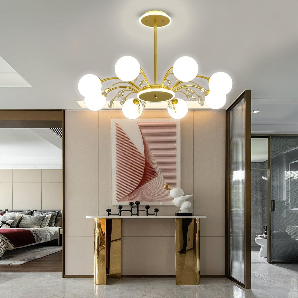 Lampadario d Lampadari moderni Lampadario da soffitto di metà secolo Lampadario con decorazione in cristallo con paralume in vetro bianco latte per soggiorno Cucina Camera da letto Sala da pranzo e l