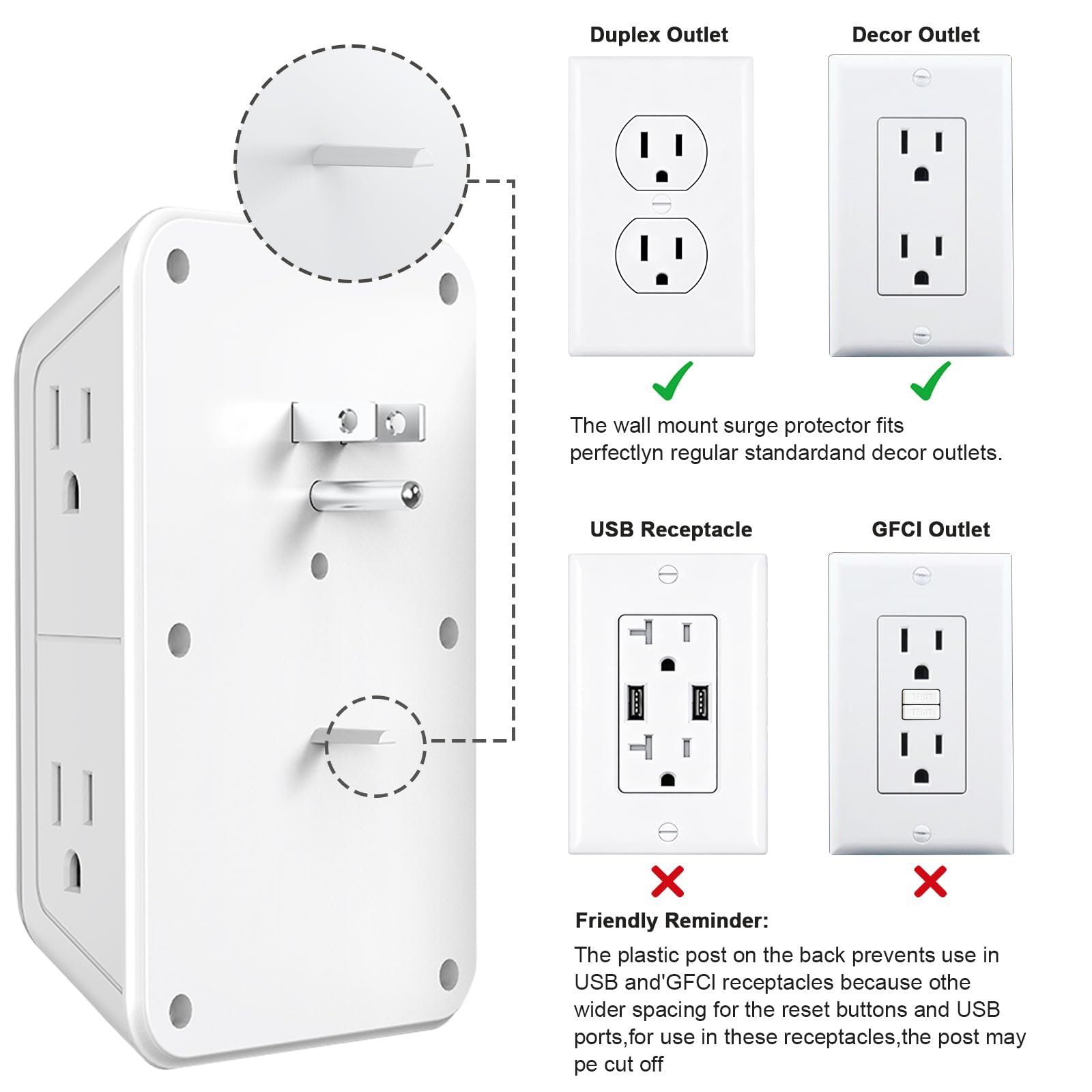 2 Stück Steckerverlängerung, 6-fach Steckdosenleiste mit 4 USB-Steckdosen (2 USB A, 2 USB C), 3-seitiger Netzstecker mit Adaptersteckdosen für die